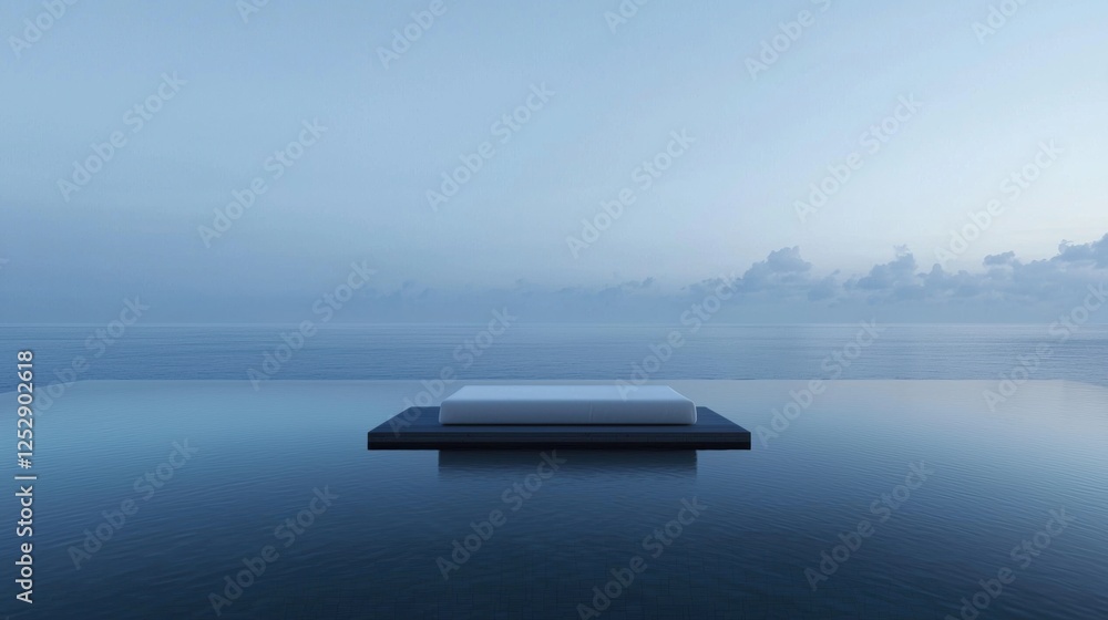 Poster rectangular floating platform in the middle of a body of water. the platform is white and appears to