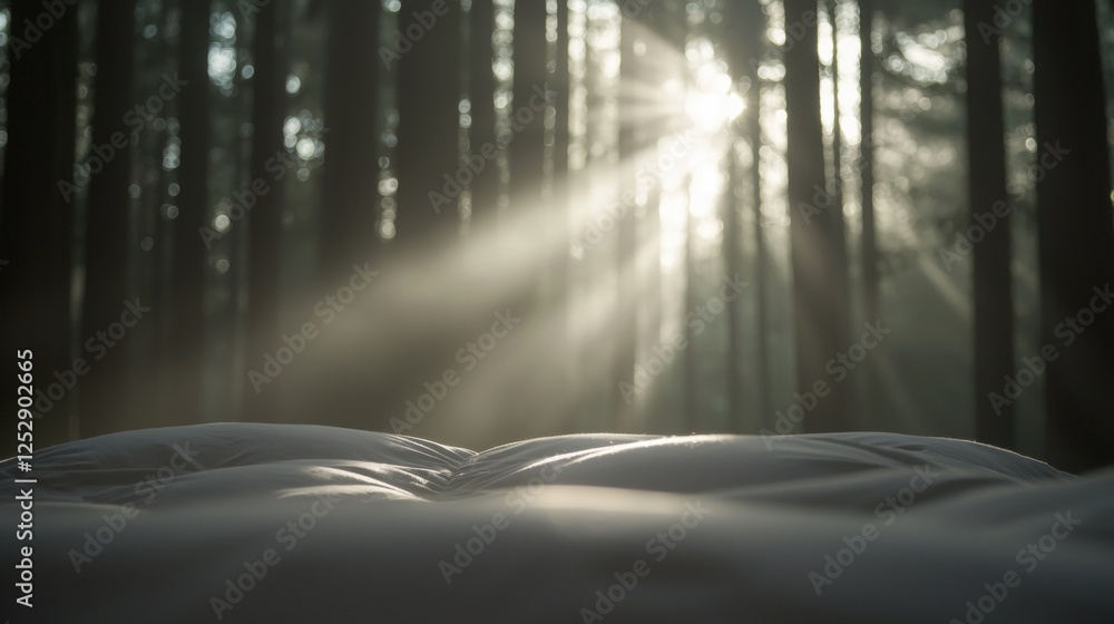 Poster close-up of a bed with a white comforter in the foreground. the background is blurred, but it appear
