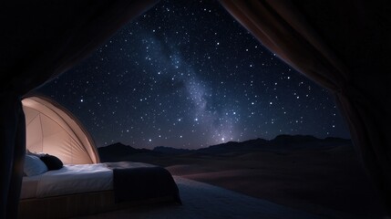 Bed in a tent with a view of the night sky. the tent is set up in a desert-like landscape with sand dunes and mountains in the background.