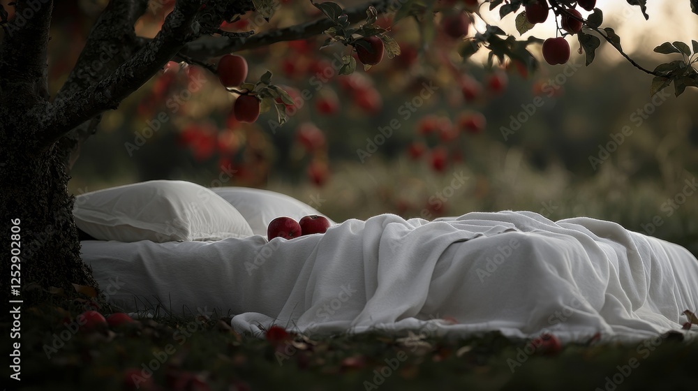 Poster bed under a tree with red apples hanging from its branches. the bed is covered with a white blanket 