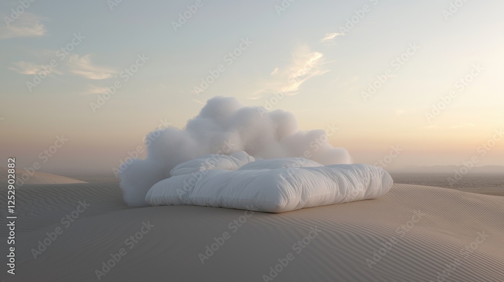 Poster large white cloud floating on top of a sand dune. the cloud appears to be made of fluffy white fabri