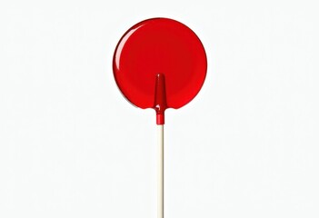 Glossy red round lollipop or candy pop on white stick, isolated on white background