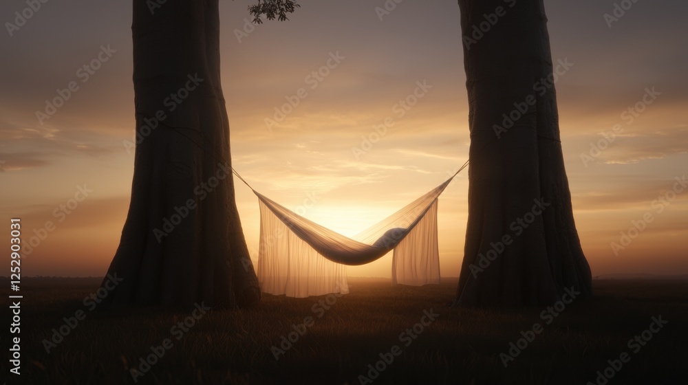 Poster hammock hanging between two tall trees in a field at sunset. the hammock is made of white fabric and