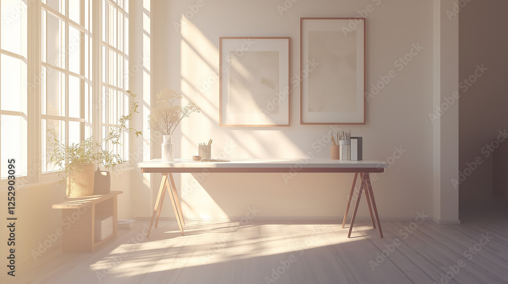 Poster create a realistic photograph of ok a minimalist workspace with scandinavian design elements, a whit