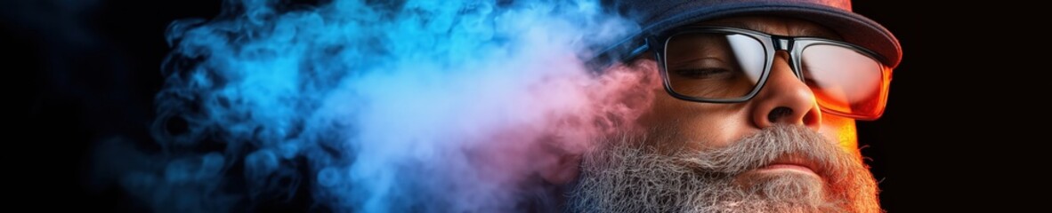 Obraz premium Man with glasses and a beard enjoying vibrant smoke colors in a creative environment at night