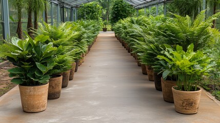 A single line of green fern plants in pots