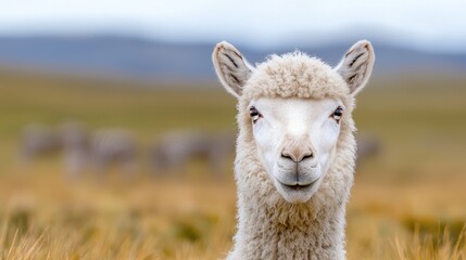 Fototapeta premium White sheep stares, grassy field, blurred background, farm animal portrait