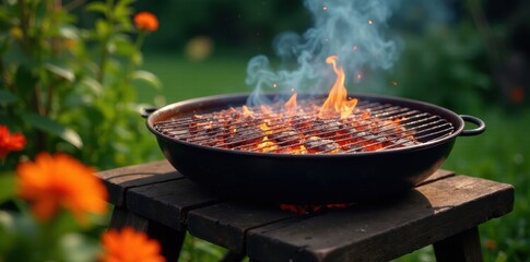 Outdoor grilling succulent food cooking on a fiery charcoal grill in a lush garden setting