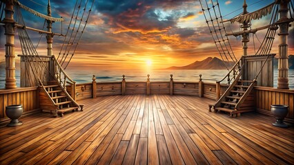 Fototapeta premium Dramatic sunset view from a wooden pirate ship deck