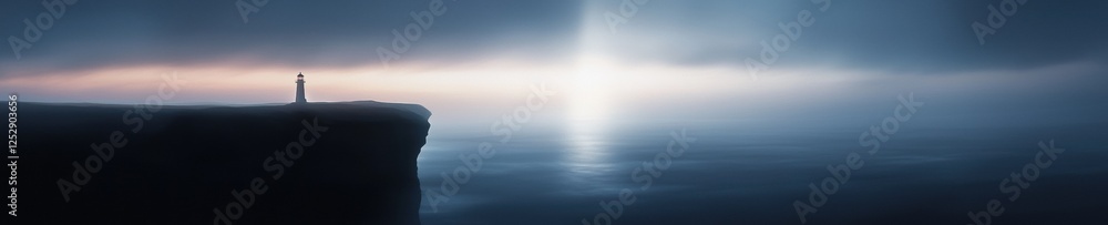 Poster photograph of a lighthouse standing on top of a cliff. the cliff is covered in fog and the sky is a 