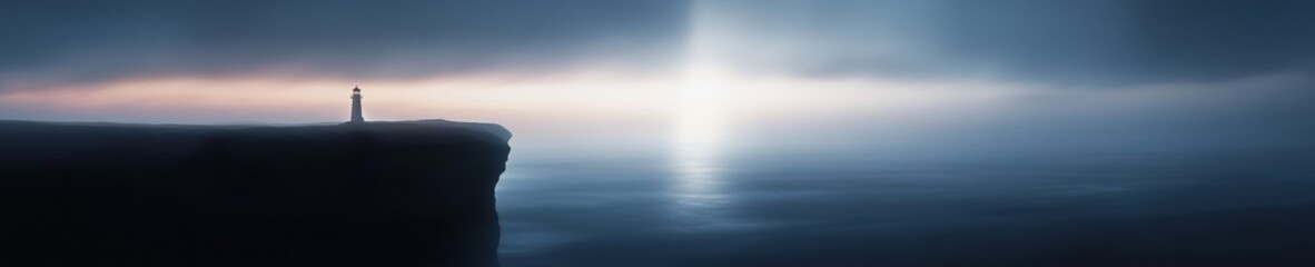 Obraz premium Photograph of a lighthouse standing on top of a cliff. the cliff is covered in fog and the sky is a deep blue color. the lighthouse is tall and slender with a pointed top and a pointed base.