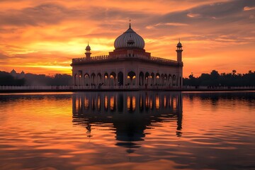 Majestic sunset over a serene water body reflecting an ornate structure with domes and minarets