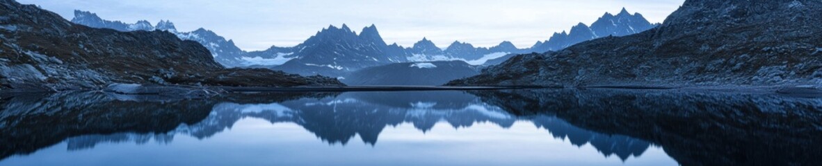 Fototapeta premium Landscape photograph of a mountain range with a lake in the foreground. the mountains are covered in snow and ice, and the sky is a deep blue color.