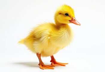 Fototapeta premium Fluffy yellow duckling with orange beak and feet, isolated on white background
