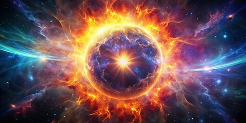 Obraz premium Celestial Plasma Burst: Fiery Energy Radiating from a Cosmic Body