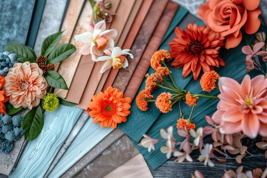 Vivid and colorful arrangement of flowers placed alongside textured boards in earthy bright hues, combination floral accents and material swatches for mood boards and interior design inspiration. - Powered by Adobe