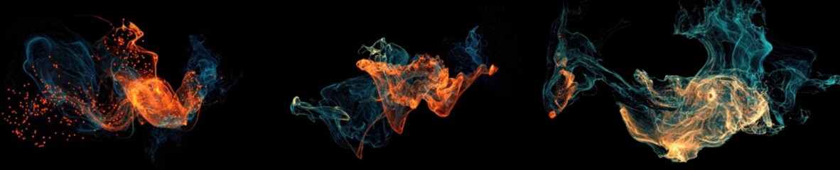 Three different types of fire flames on a black background. the flames are in different colors - orange, blue, and yellow.