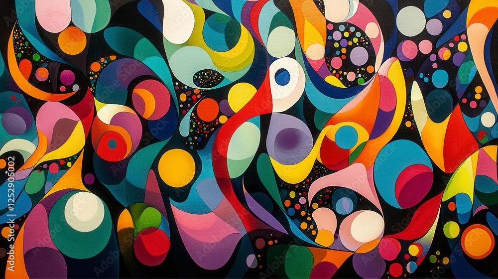 Poster vibrant abstract artwork featuring colorful swirls, geometric shapes, and playful patterns in a dyna