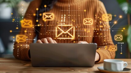 Person typing on laptop at wooden desk with illuminated email icons floating around, digital communication, email marketing, and innovative online messaging platforms in a cozy environment.