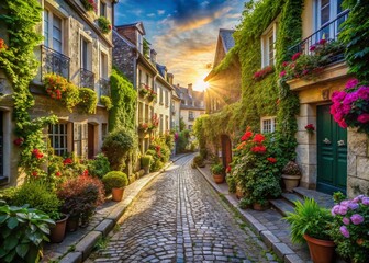 Fototapeta premium Charming Parisian Cobblestone Street - Drone Aerial View