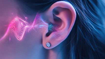 Naklejka premium Digital Sound Waves and Numbers Near Human Ear in Futuristic Design