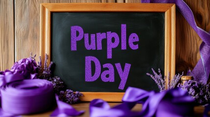 Chalkboard with Purple Day written in glittery purple letters, surrounded by lavender flowers, purple ribbons, and decorations on a rustic wooden background