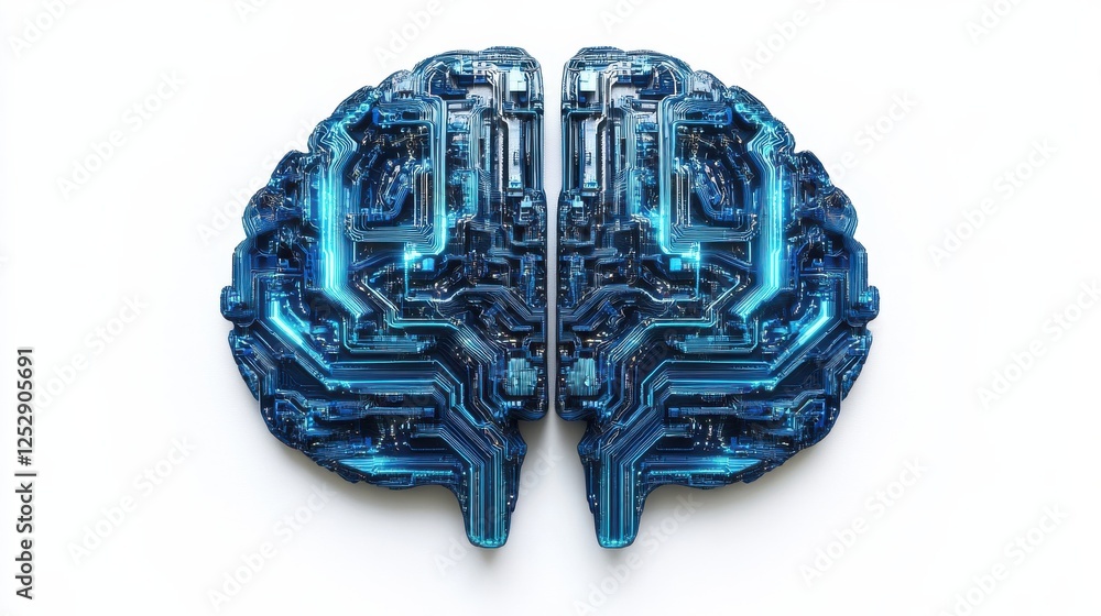 Poster futuristic blue brain with circuit patterns on a white background