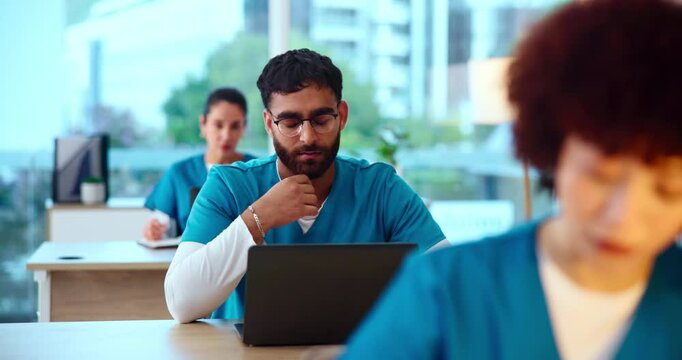Man, nurse or thinking with laptop for medical exam, test or nursing course at hospital. Male person, junior intern or healthcare scrub with computer for health training, practice or examination
