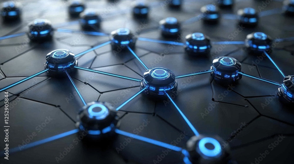 Poster futuristic network of nodes and connections on dark background