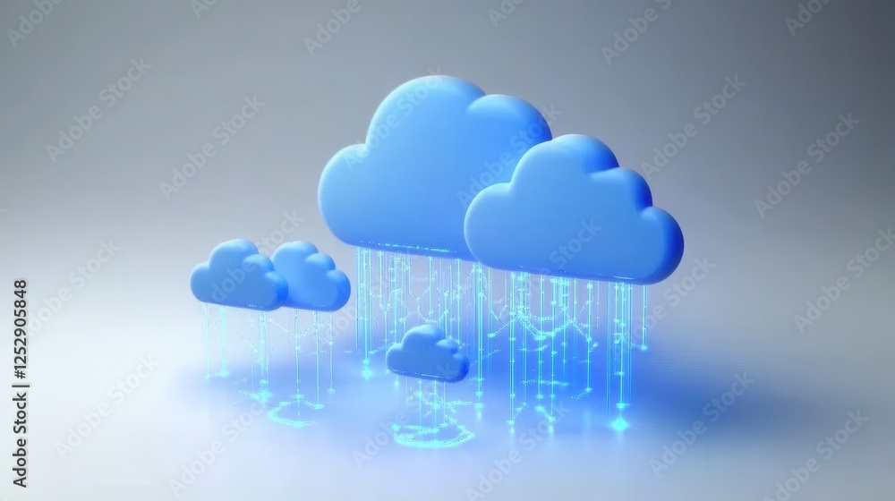 Poster digital clouds with rain and data streams in blue abstract design