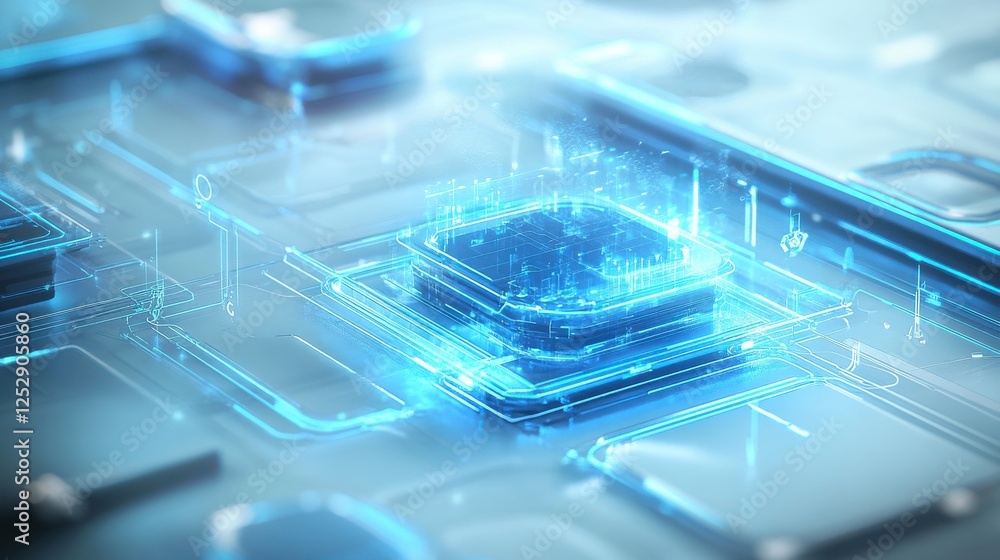 Poster futuristic circuit board design with glowing microchip elements