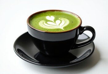 Vibrant green matcha latte with white heart-shaped latte art in a matte black ceramic cup and saucer, isolated on white background