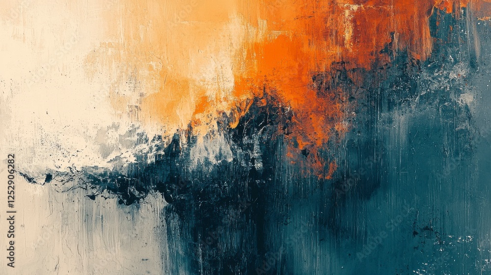 Poster vibrant abstract art in orange, black, and white with textured brush strokes creating a dynamic visu
