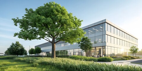 Fototapeta premium Modern Office Building with Green Landscape and Clear Blue Sky
