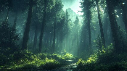 Obraz premium Ethereal Forest Path, Sunlight Dancing Through Ancient Trees and Whispering Pines