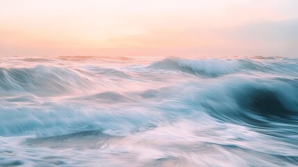 Gentle ocean waves at sunrise, soft pastel colors,  motion blur.