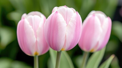 Obraz premium Three pink tulips bloom in garden, spring