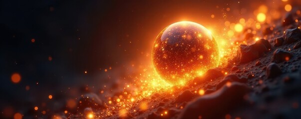 Glowing golden sphere, fiery sparks, rapid spin, sun, spark, magic