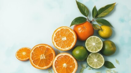 Vibrant painting featuring a assortment of oranges and limes, fresh, citrus