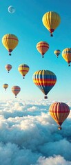 Vibrant hot air balloons float gently above a thick layer of clouds in a bright blue sky, sunny day, morning light
