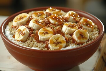 Quinoa bowl with caramelized banana and Greek yogurt.