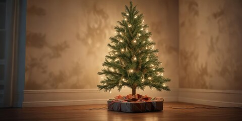 Fototapeta premium Twinkling string lights wrapped around a small Christmas tree, twinkling, festive