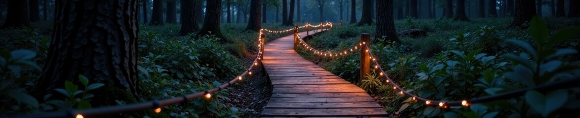 Fototapeta premium Twinkling wooden planks weave through forest darkness, trail, ambient light, twilight
