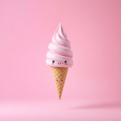 Cute pink ice cream cone with a smiling face, suspended against a soft pink background