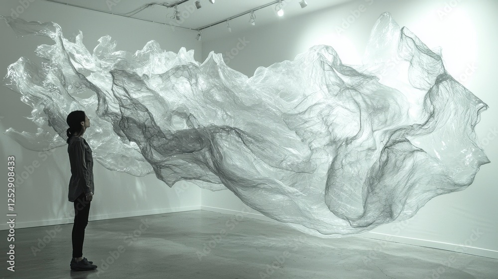 Poster ethereal art installation in gallery setting featuring flowing transparent fabric creating a dreamli