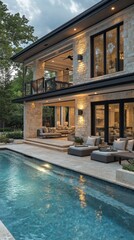 Fototapeta premium Luxury poolside retreat modern home residential outdoor relaxation