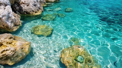 Obraz premium A clear lake water reflection background with gentle ripples and muted blue-green tones