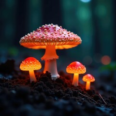 Fototapeta premium Glowing caps of a rare fungus illuminating the forest floor, glowing mushrooms, glowing caps