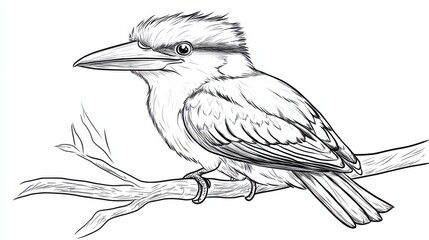 Detailed Line Art of a Kookaburra Bird Perched on a Branch