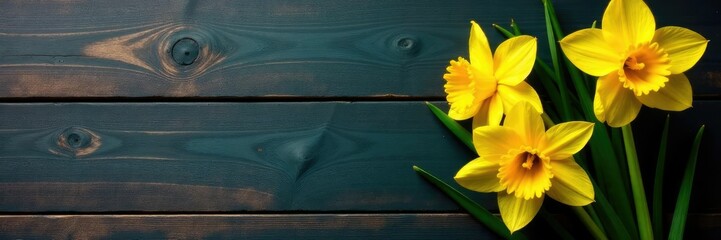 Fototapeta premium Yellow daffodils on a wooden chalkboard desk with a springtime background, wood, organic, yellow